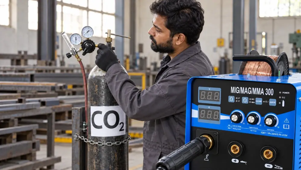 Setting the CO2 regulator for the MIG300iW inbuilt wire feeder MIG welding machine