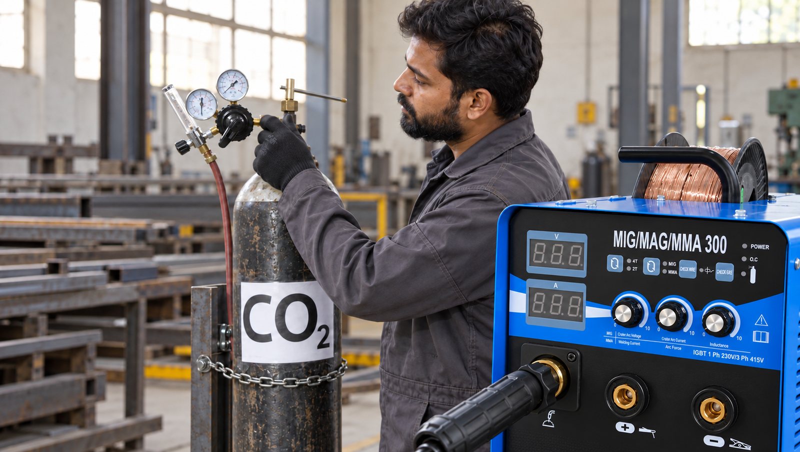 Setting the CO2 regulator for the MIG300iW inbuilt wire feeder MIG welding machine