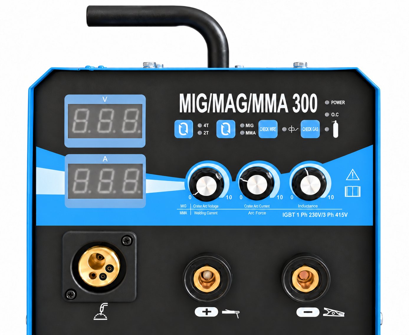MIG300iW portable MIG welder front control panel with voltage and current displays, 2T/4T, MIG/MMA, check wire and check gas buttons