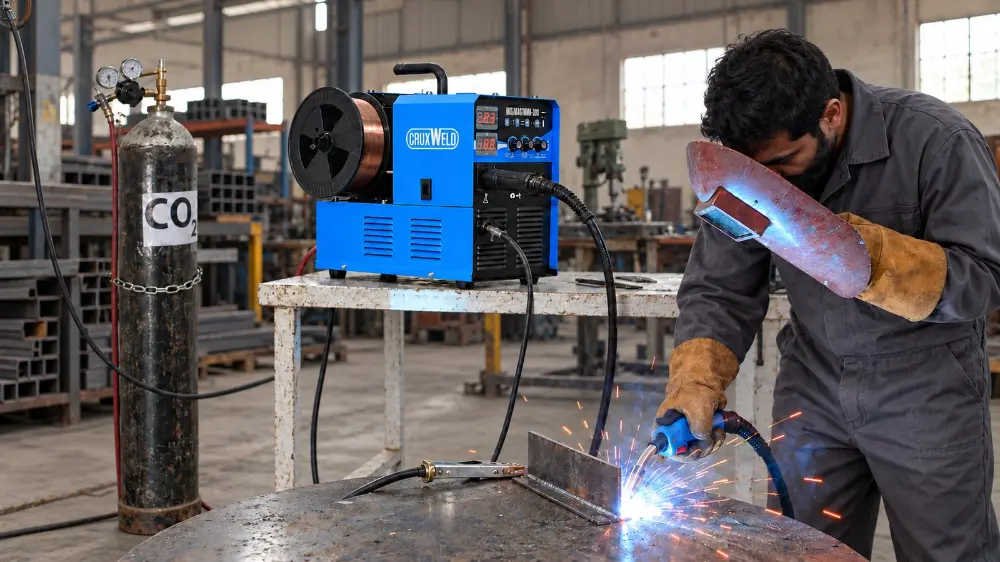 Welder using the MIG300iW portable MIG welding machine with CO2 gas on a steel fillet joint in a workshop
