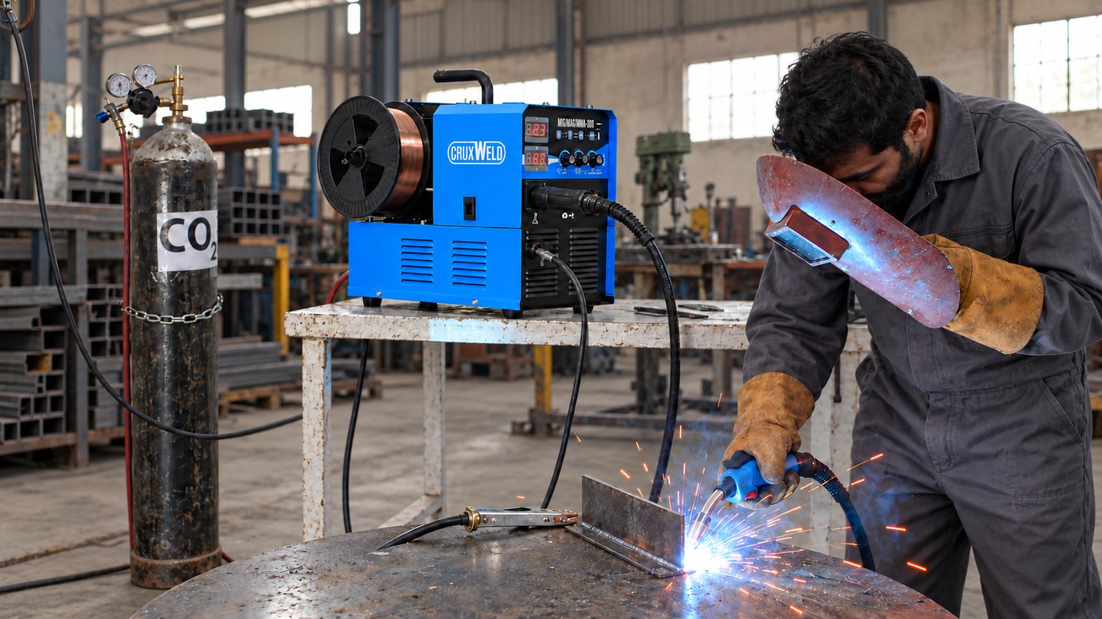 Welder using the MIG300iW portable MIG welding machine with CO2 gas on a steel fillet joint in a workshop