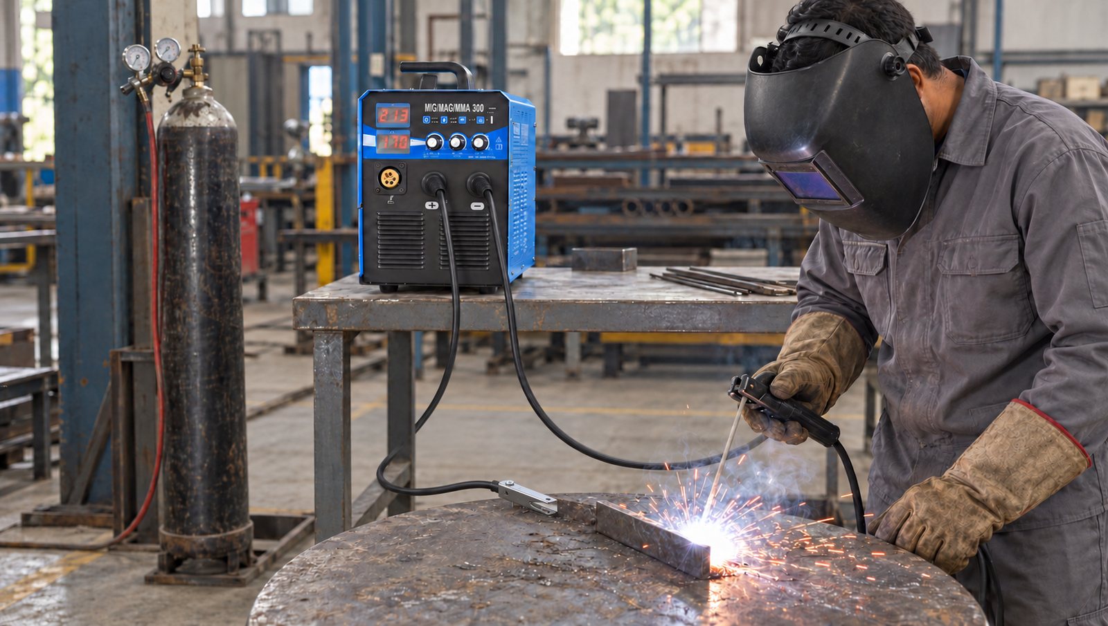 MIG300iW used for stick MMA welding with an electrode holder in a fabrication shop
