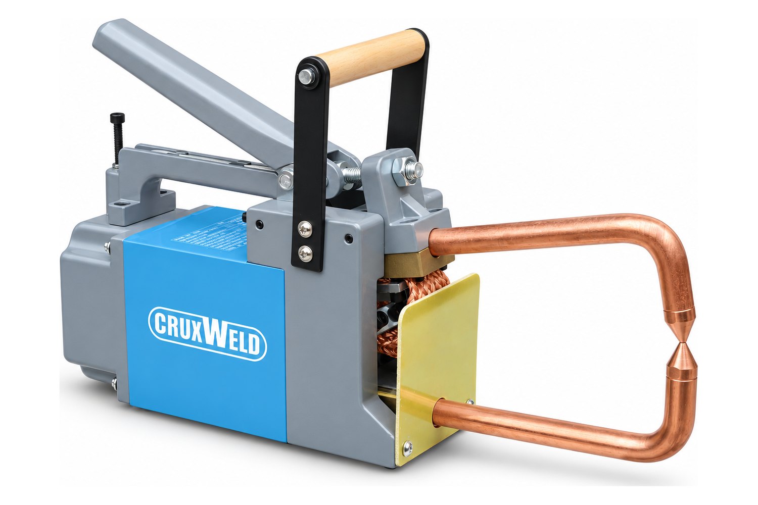 ProSpot 6K portable spot welder parts: operating lever, carry handle, pressure adjustment, copper arms, electrode tips, arm clamp, copper shunt, insulating plate, transformer housing