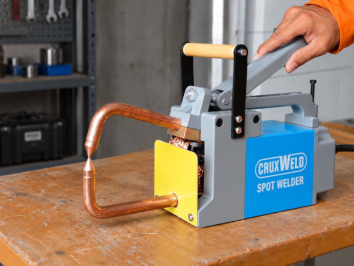 ProSpot 6K hand operated spot welder on a workbench, operator pulling the lever