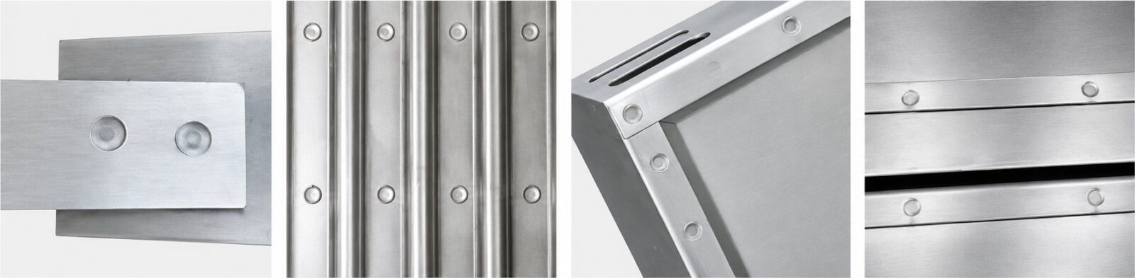 Spot weld samples on stainless steel sheet: lap joint, ribbed panel, box corner and stacked strips