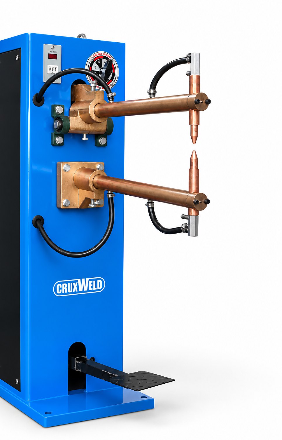 ROKR 16K pedal operated spot welding machine – front view with copper arms and electrodes
