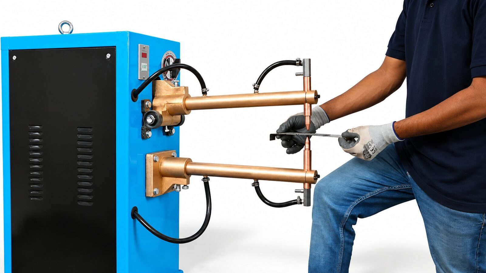 Operator spot welding a strip on the ROKR 16K pedal operated spot welding machine