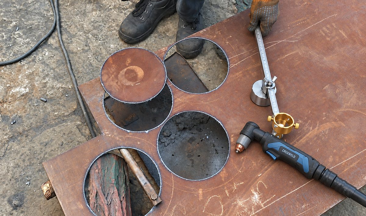 Round holes and discs cut in steel plate with the ROTO circle cutting guide and a FINELINE 120 plasma torch