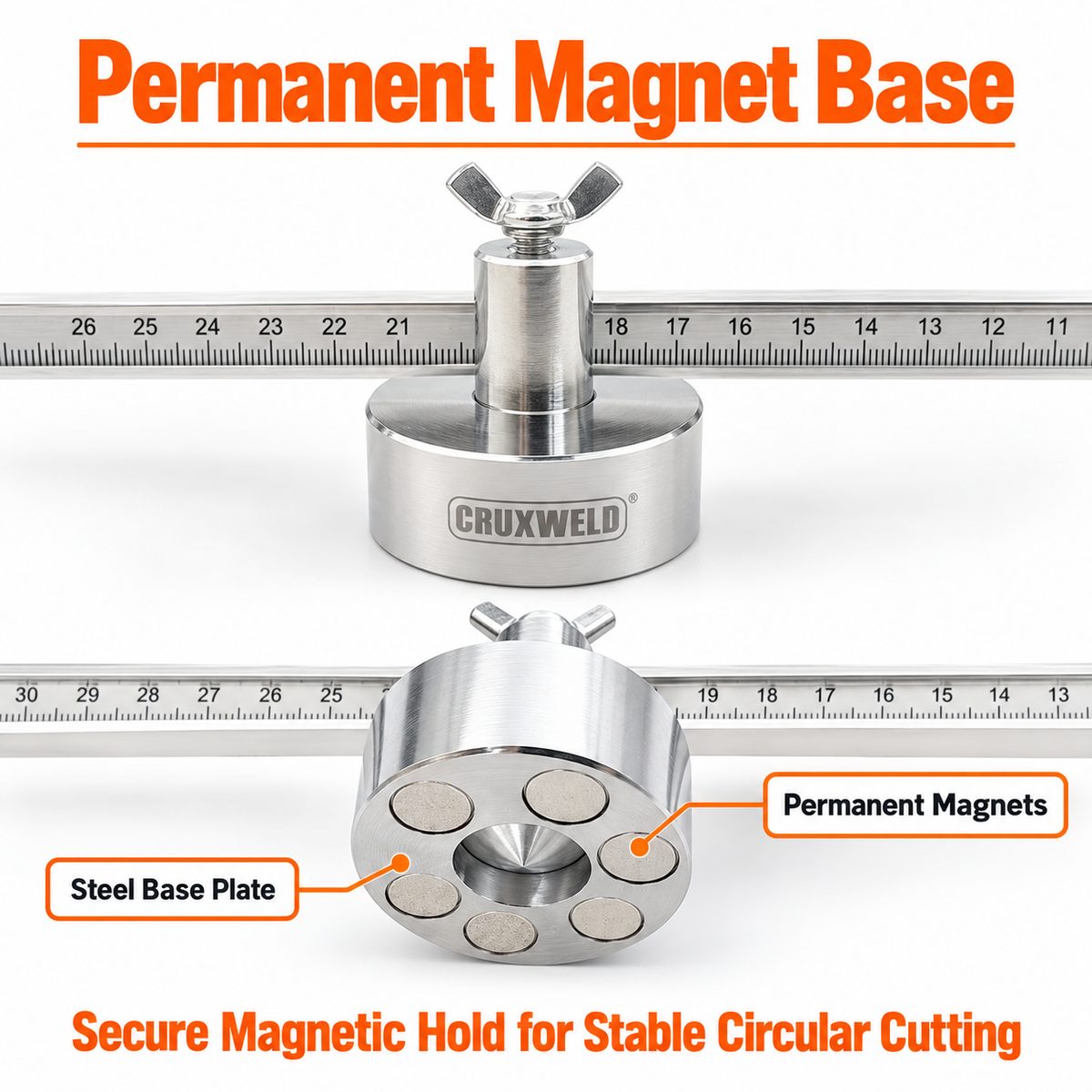 Underside of the ROTO magnetic base: magnetic inserts around a steel centre point