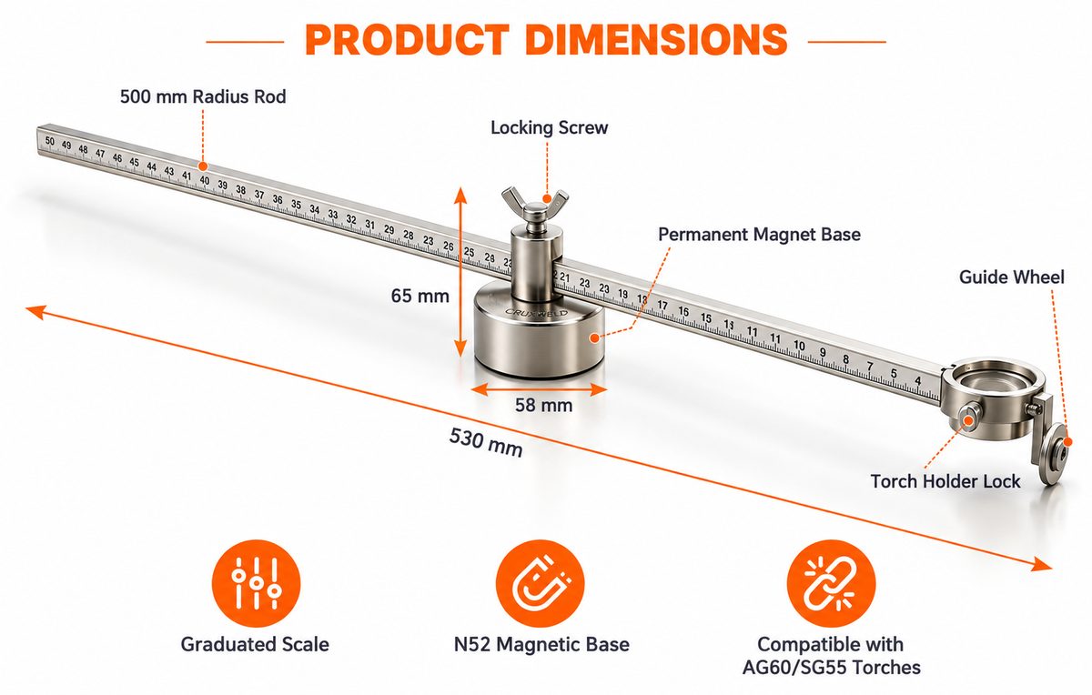 ROTO 1000M dimensions: 500 mm radius rod, 58 mm magnetic base, 65 mm height, 530 mm overall length