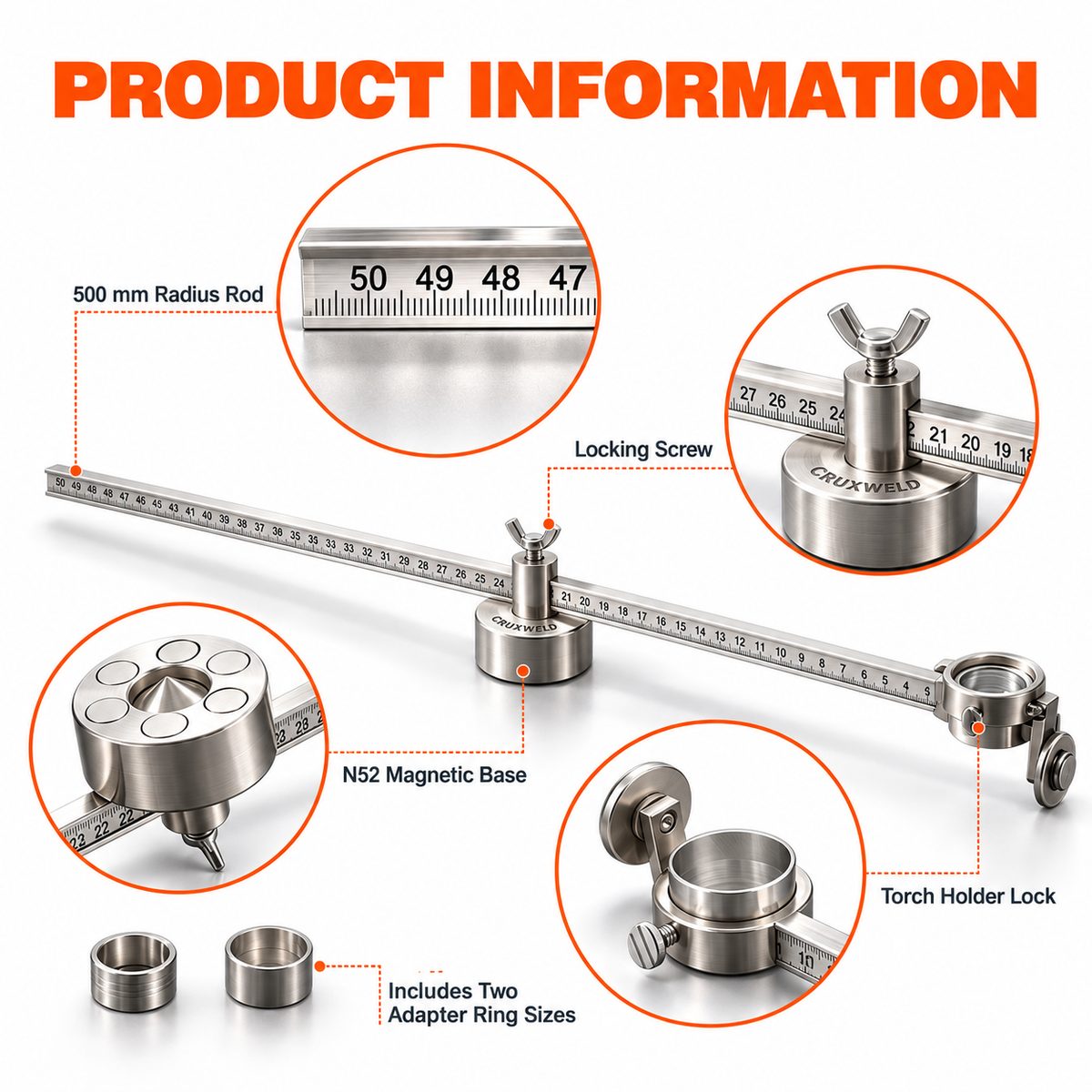 ROTO 1000M kit: radius bar, magnetic base, locking screw, torch holder with guide wheel and two adapter rings