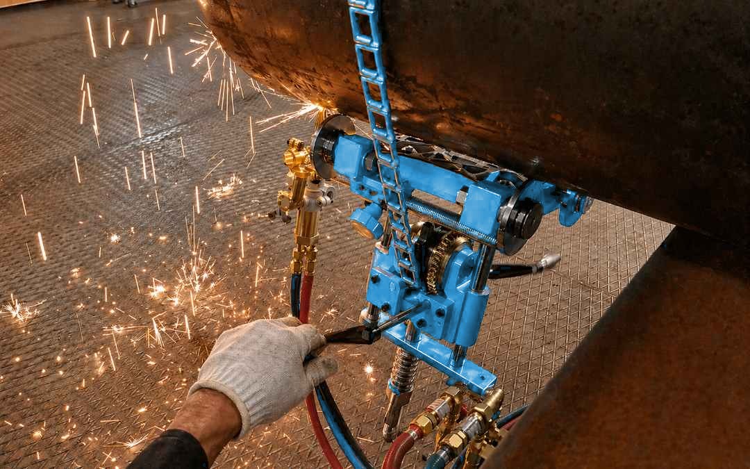 Operator cutting a large pipe with the TUBOCUT-HG manual pipe cutter